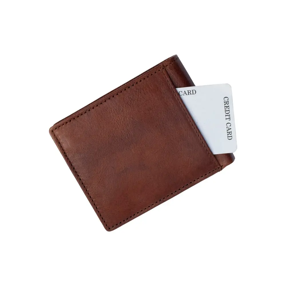 Closed view of the brown men’s leather RFID bifold wallet with a card partly visible in the outer slot.