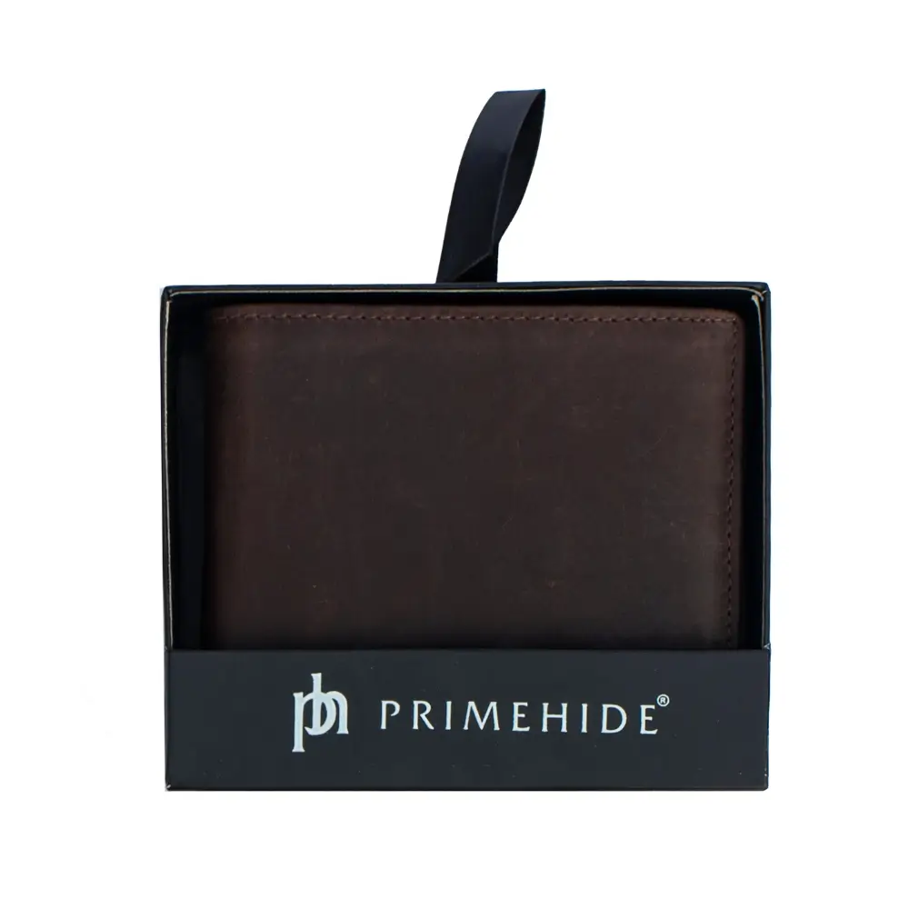 Brown genuine leather RFID wallet with a classic and elegant front design.