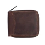 Front view of the brown men’s RFID zip-around oily pull up leather wallet showcasing its rich texture and classic design.