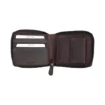 Organised view of the brown RFID zip-around leather wallet neatly arranged with cards, notes, and coins to show its capacity.