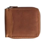 Front view of the cognac men’s RFID zip-around oily pull up leather wallet showcasing its warm tone and elegant finish.