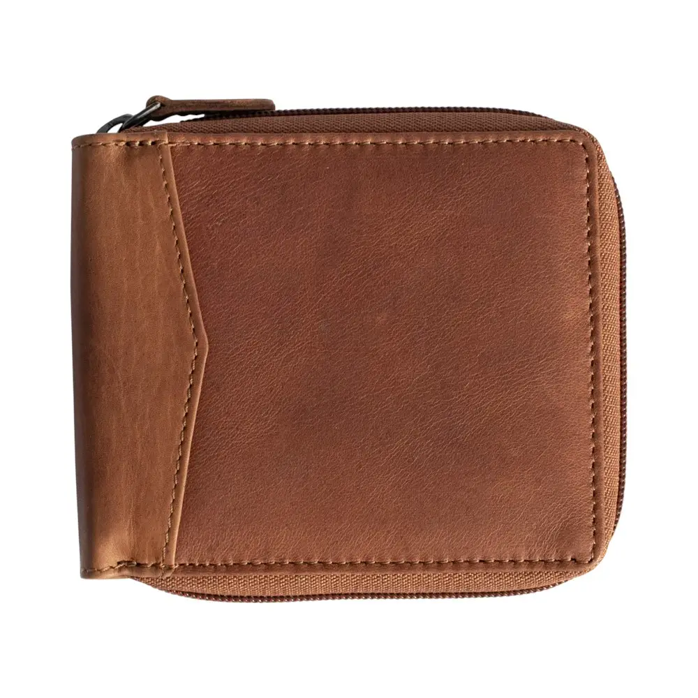 Front view of the cognac men’s RFID zip-around oily pull up leather wallet showcasing its warm tone and elegant finish.