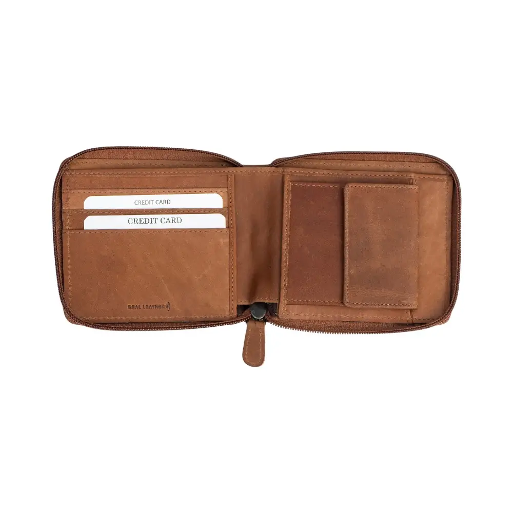 Organised view of the cognac RFID zip-around leather wallet neatly filled with cards, coins, and notes to show its storage capacity.