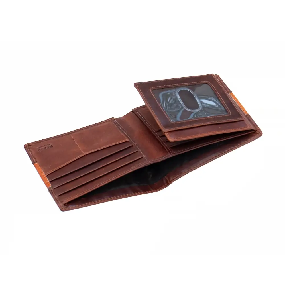 Inside view of the Columbia RFID Trifold Leather Wallet showing card slots, slip pockets, and dual ID windows.