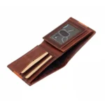 Angled view of the Columbia RFID Trifold Leather Wallet with cards inserted into the interior slots.