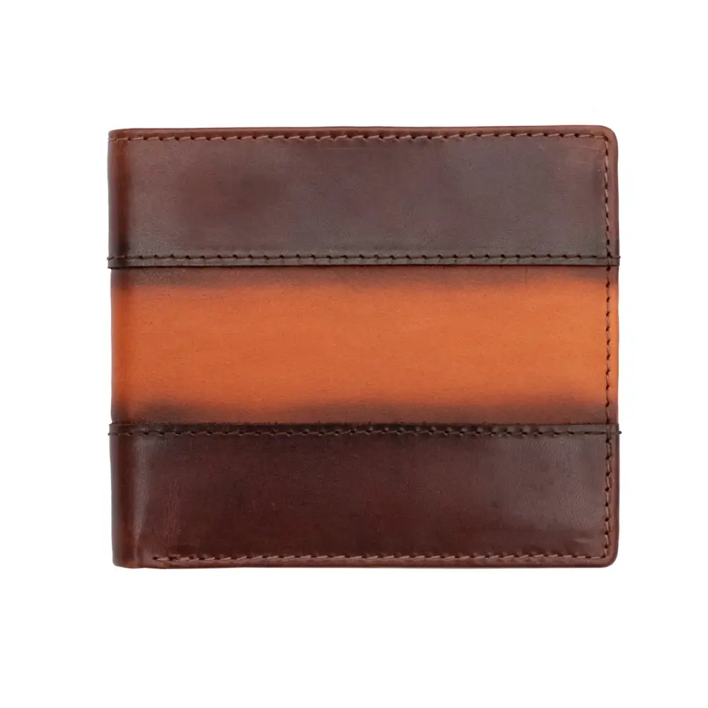 Front exterior of the Columbia RFID Trifold Leather Wallet featuring a two-tone brown leather design.