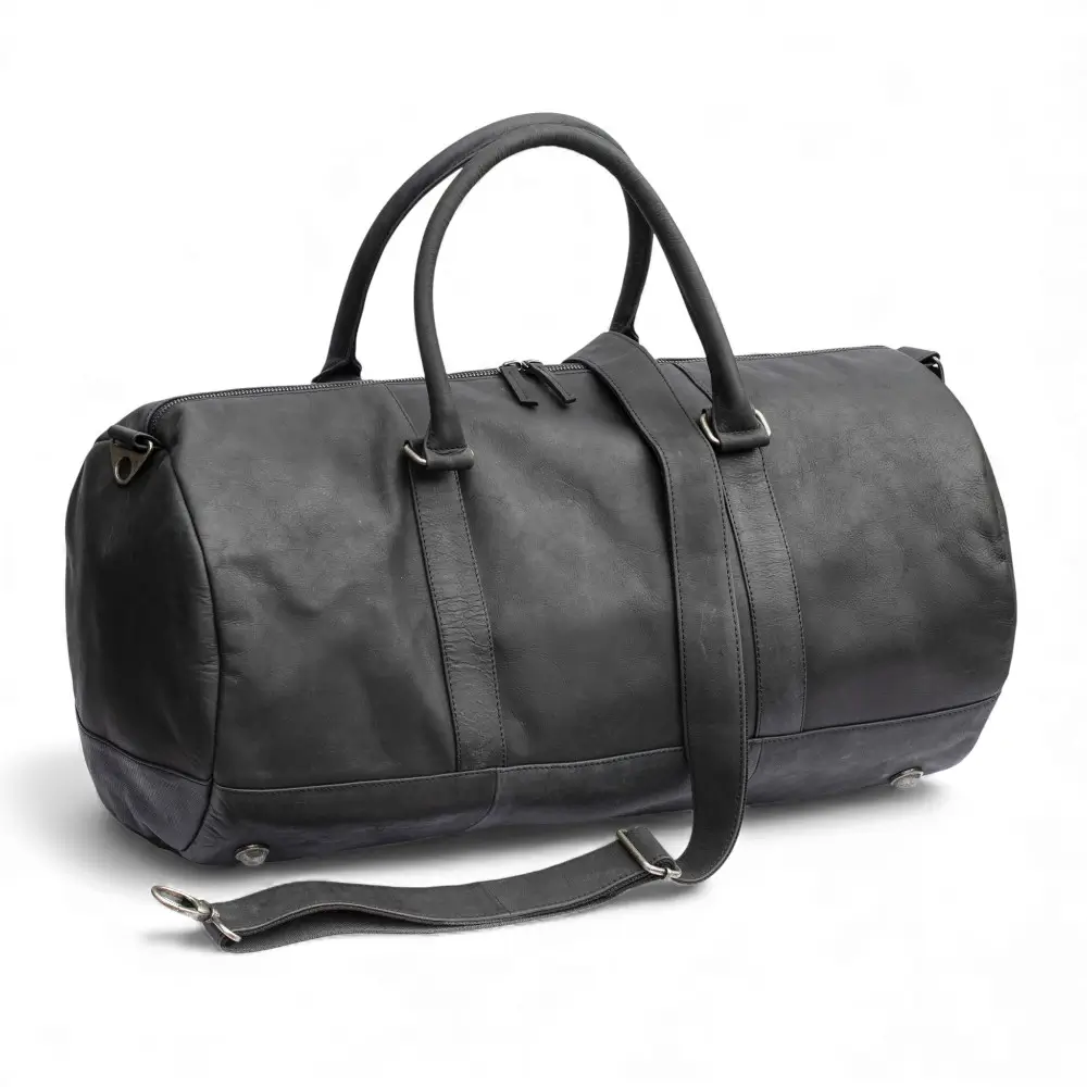 Front view of the Columbus Black Leather Holdall showing its sleek cylindrical shape and front zipped pocket.
