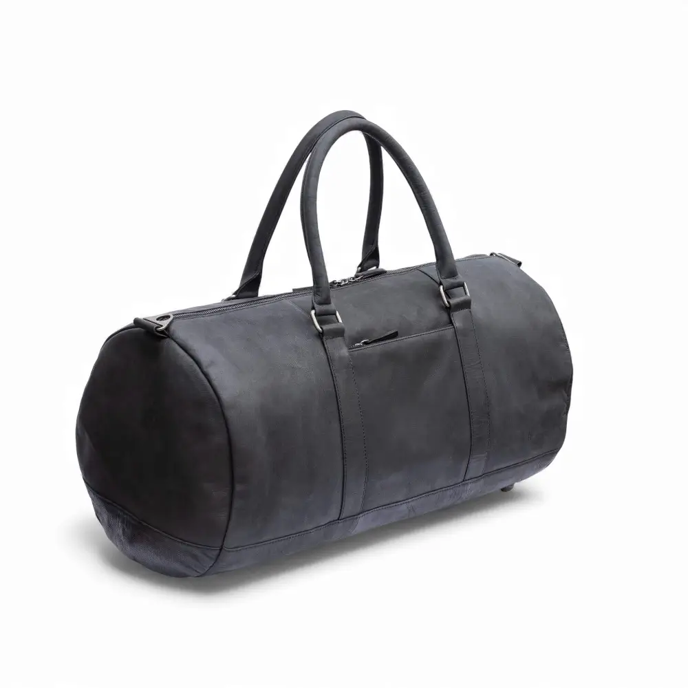 Side view of the Columbus Black Leather Holdall with detachable, adjustable shoulder strap.
