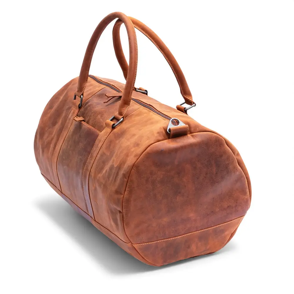 Top view of the Hunter Leather Holdall showing the secure zip closure and reinforced handles.